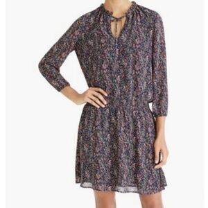 J Crew Mercantile EUC Navy Ditsy Floral Dress Drop Waist Ruffle Tie Collar Front